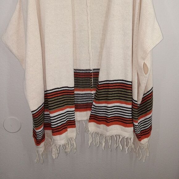 Easel Beige Striped Mid-Weight Knit Fringed Open Cardigan Poncho Western Small - Picture 2 of 8